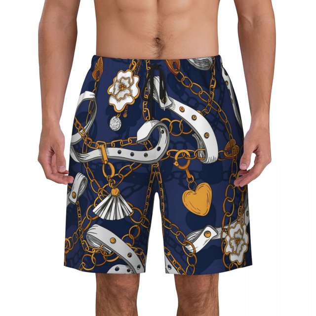 Bathing Suit Gold Chains Board Shorts Summer Beads Print Y2K Retro Beach Shorts Men's Design Quick Drying Swim Trunks