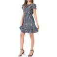thumbnail image 4 of INSPIRE CHIC Women's Ruffle Sleeve Self-Tie V Neck Above Knee Ruffled A-Line Floral Chiffon Dress M Dusty Blue, 4 of 6