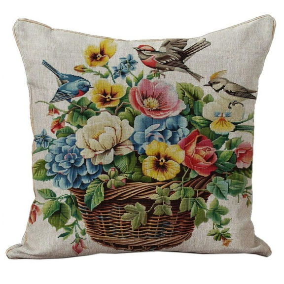 Basket of Flowers Birds DIY Stamped Cross Stitch Pillow Kits Embroidery Pillowcase 11CT Counted Needlepoint Handmade Cushion Cover Home Sofa Christmas Decoration 18x18inch(11)
