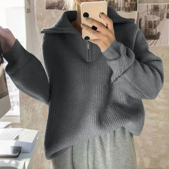 Goodtrade8 Winter Sweaters Oversized Quarter Zipper Pullover Collared Solid Color Casual Long Sleeve Sweater Tops