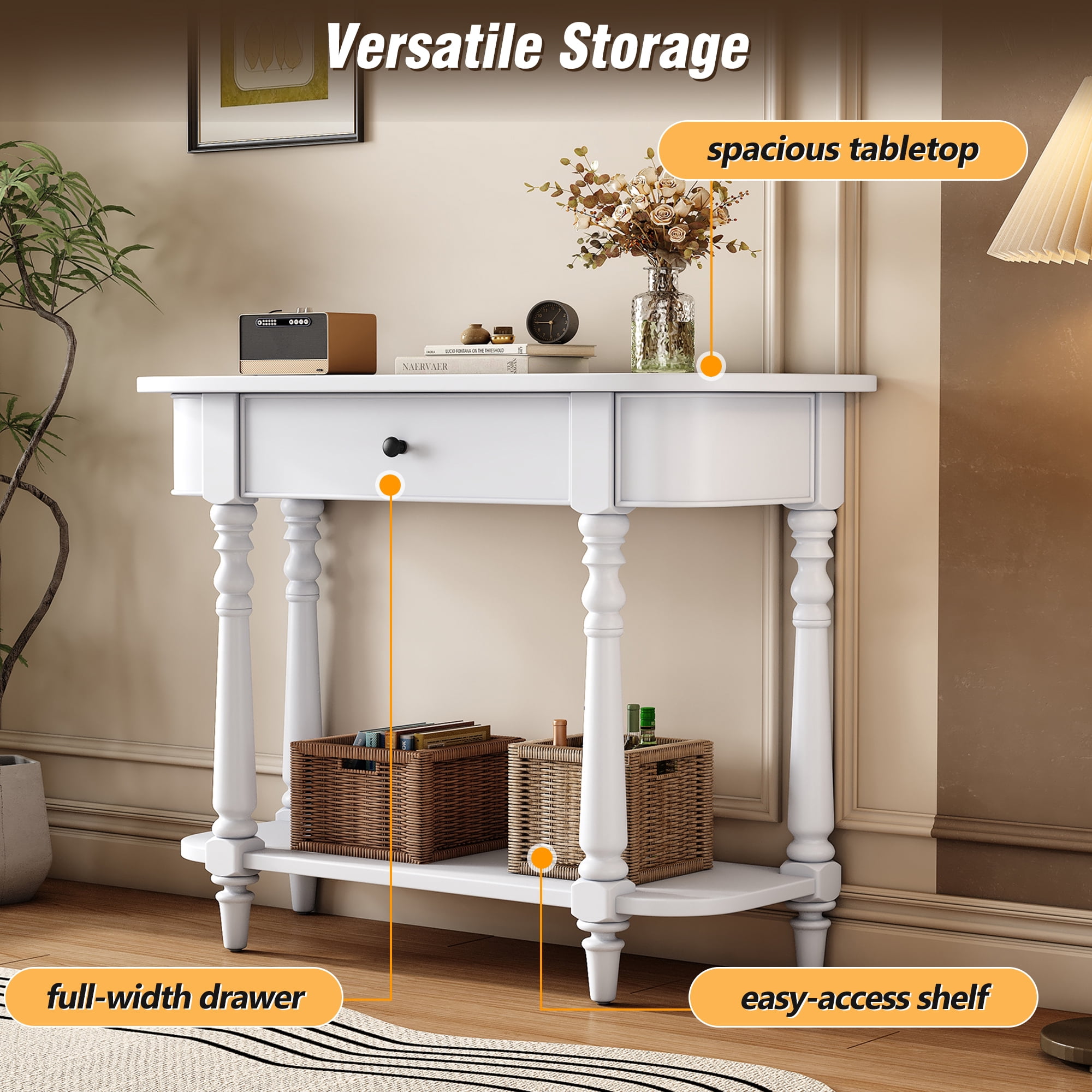 EUROCO 36" Retro Console Table with Drawer,Solid Wood Entryway Table Sofa Table with Open Storage Shelf and Corner-Curved Design for Entryway, Hallway and Living Room,White