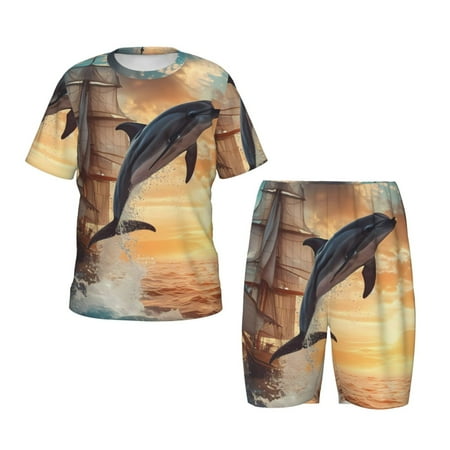 Luyuia Sailing Dancing Dolphin Print Girls  2-Piece Tie-Dye Pajama Set  Cute Summer Loungewear with Shirt and Tank Shorts Nightwear-4X-Large