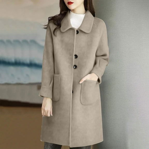 Dolkfu Fall Jackets for Women Single Breasted Beige Wool Trench Coat Mid-Length Lapel Collar Peacoat Womens Winter Coat L