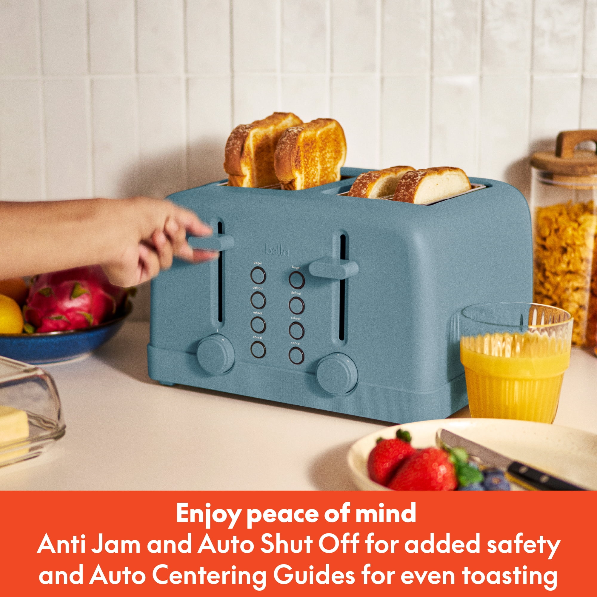 bella 4-Slice Toaster, 6 Setting Shade Control with Reheat, Cancel, Bagel & Defrost Buttons, Removable Crumb Tray, Anti Jam & Auto Shutoff, Surf