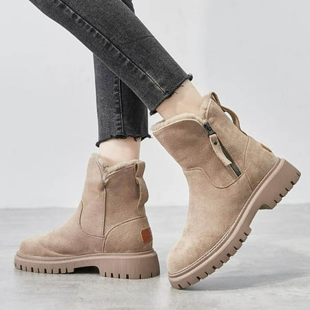 

HaiMao Winter Boots for Women Snow: Comfortable Zipper Suede Warm Fur Lined Ankle Booties Clearance Non Slip Outdoor Womens Boot Khaki 7(39)