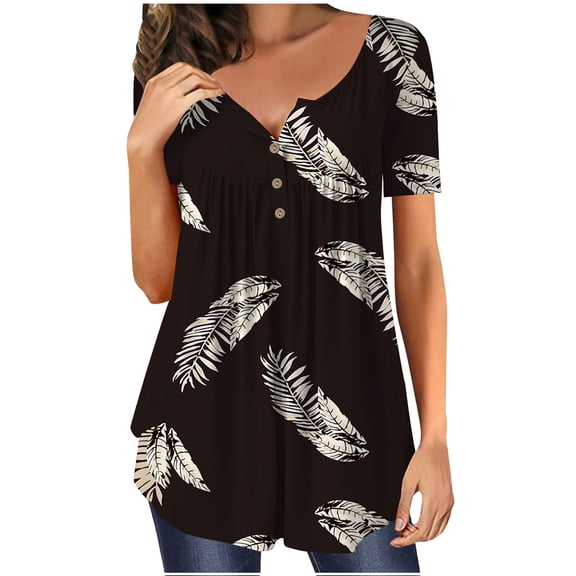 IROINNID Fashion Women Summer Loose Button Donw Comfy Print Round-Neck T-Shirt Short Sleeve Casual Blouse Spring Saving Clearance