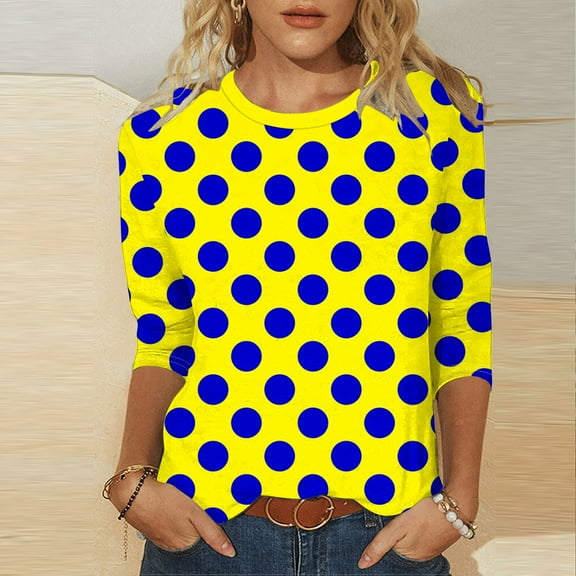 3/4 Sleeve Shirts for Women Spring Striped Crewneck Business Casual Tops, Loose Three Quarter Length Work Blouses, Polka Dot Printed Comfortable Top, Limited Time Off