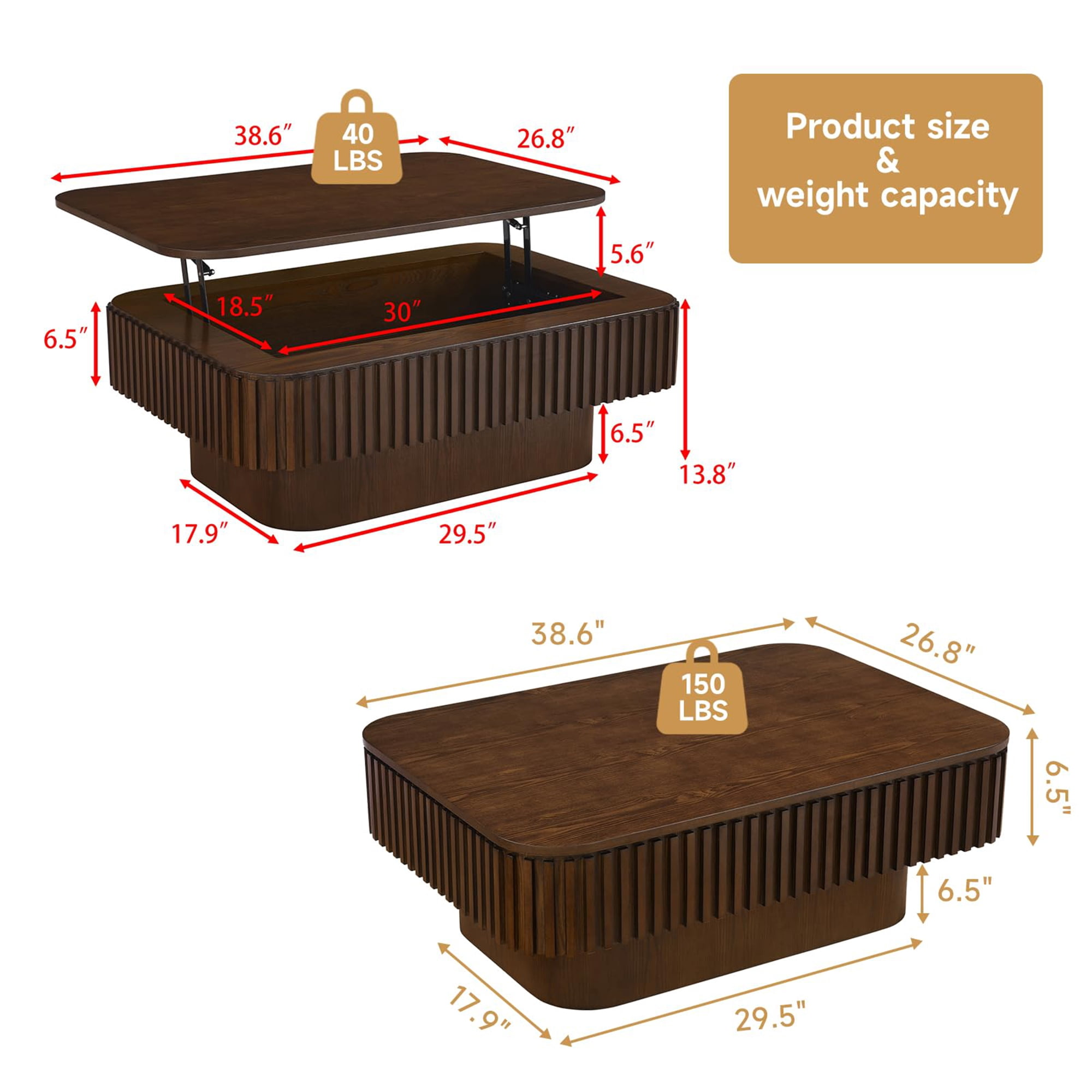 BFJDM 38.6" Lift Top Coffee Table with Hidden Storage, Handmade Solid Wood Fluted Panel, Walnut Rectangle Center Table for Living Room, Small Space Apartment Office Furniture