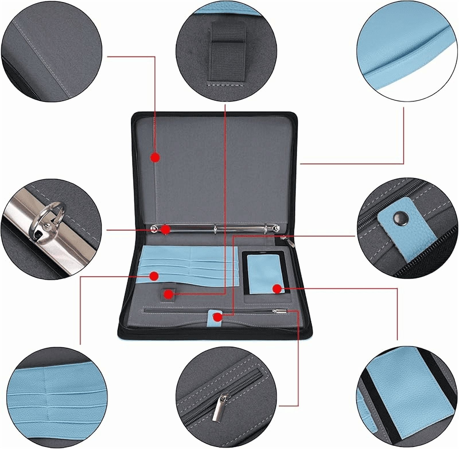 Wonderpool Travel Zippered Portfolio 3 Ring Binder A4 Padfolio Document Case with Removable Clipboard Legal Pad Holder, Business Office School Organizer for Men and Women (Light Blue)