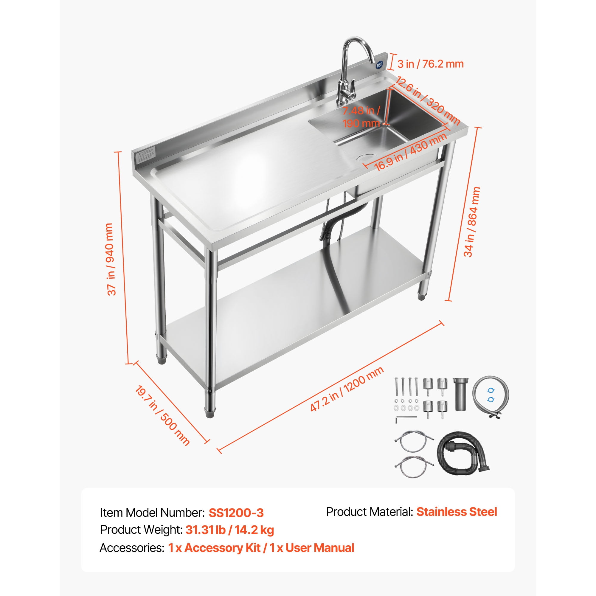 KFFKFF Stainless Steel Utility Sink, Freestanding Single Bowl Commercial Kitchen Sink with Faucet, Left-Side Basin Workbench with Hot and Cold Water Pipes for Garage, Restaurant, or Laundry Use