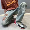 thumbnail image 4 of Pantalones vaqueros para hombre rotos con agujeros Pantalones rectos rotos Pantalones vaqueros masculinos Hip Hop Estampado Desgarrado Elegante Suave Casual Moda 2024, 4 of 4