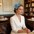 thumbnail image 4 of Light Blue Pearl Fascinator Headband for Women Vintage Fascinator Hat for Weddings Tea Party with Feathers Pearls Mesh, 4 of 6