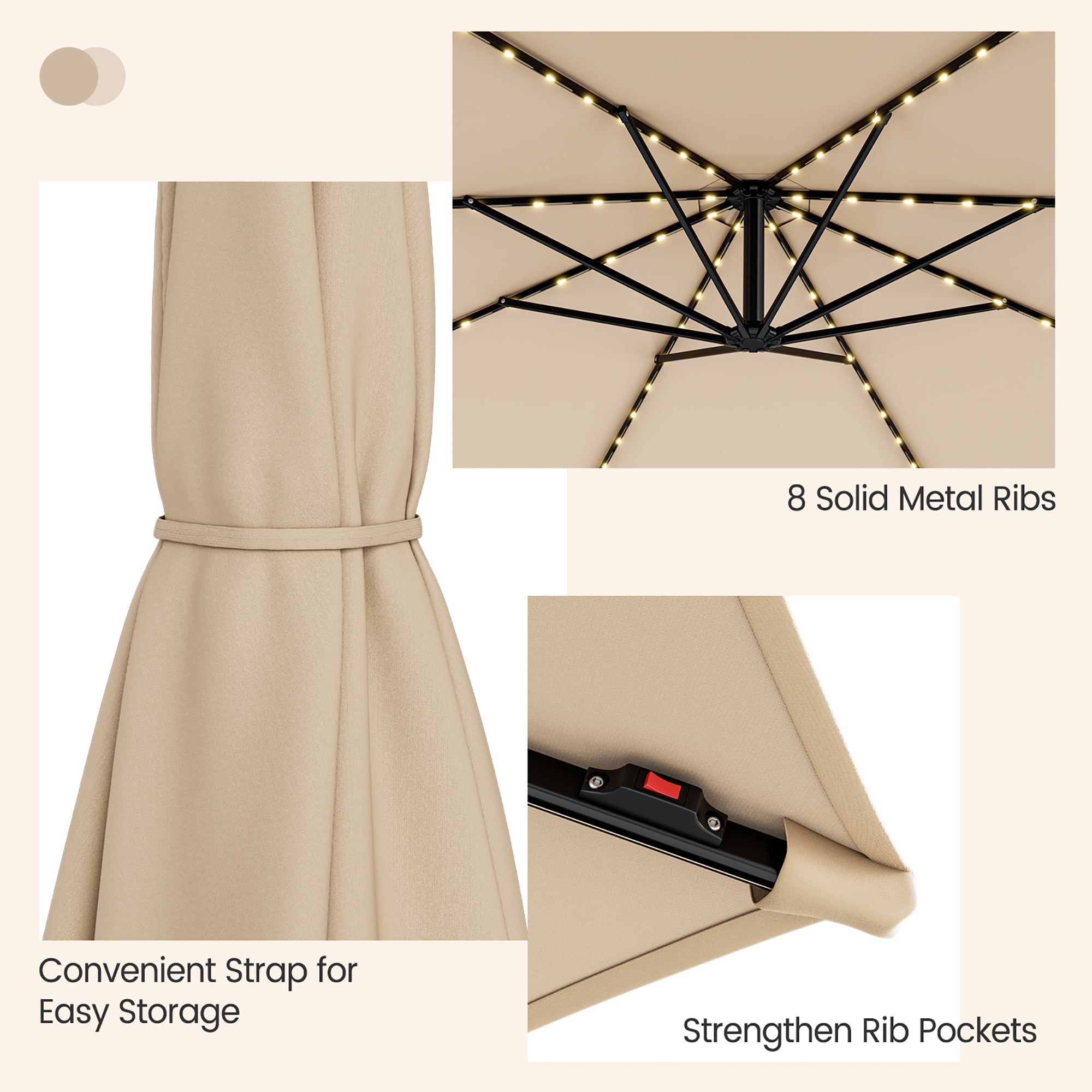 Gymax 10 FT Offset Patio Umbrella Solar Powered Cantilever Umbrella w/ 112 LED Lights Beige