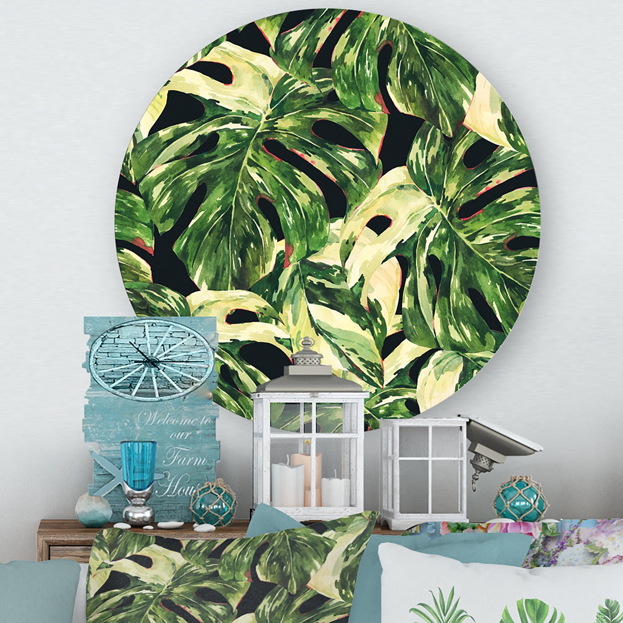 Designart 'Natural Green Leaves Exotic On Dark II' Tropical Circle Metal Wall Art 11x11 - Disc of 11