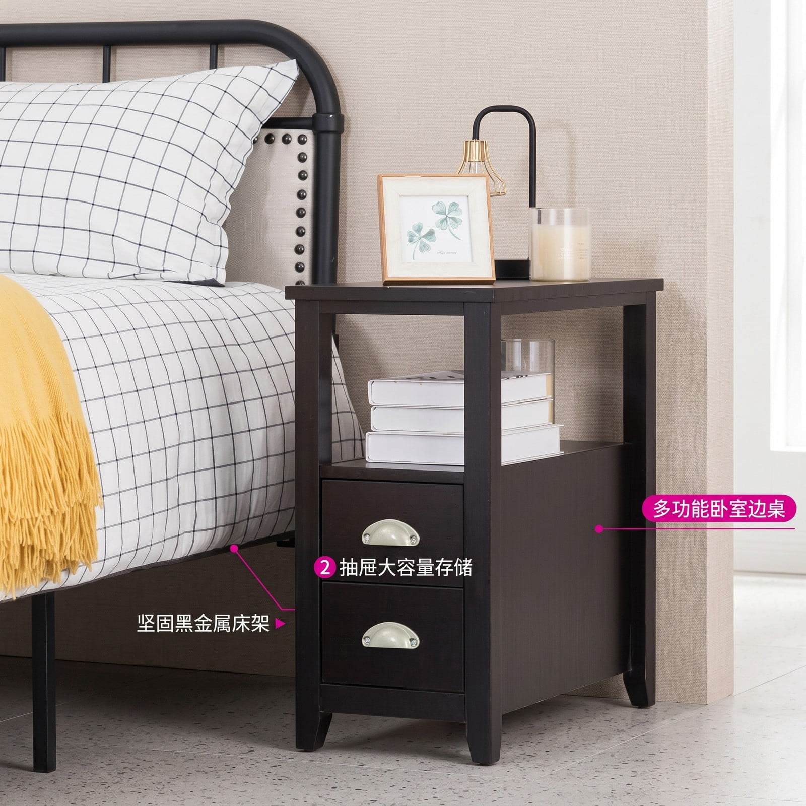 Furnibear Narrow Nightstand with 2 Drawers and Open Shelf Wooden Bedside End Table for Bedroom and Living Room, Dark Brown