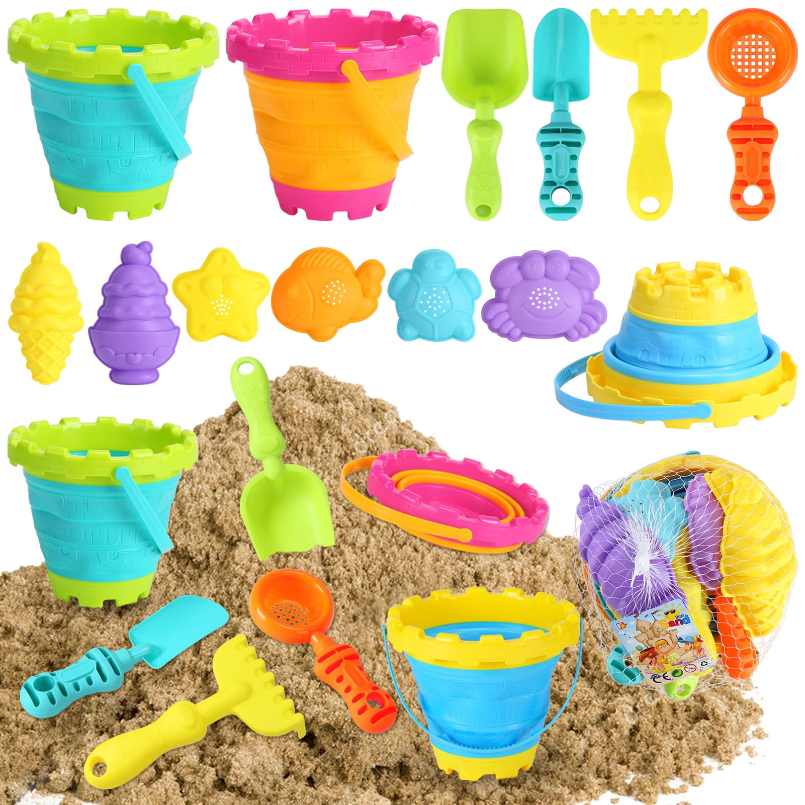 Sand Bucket Beach Bucket Pail, 3 Pack Collapsible Bucket Kids Sand Pail, Silicone Sand Buckets for Kids Beach Toys, Foldable Bucket Summer Beach Fun