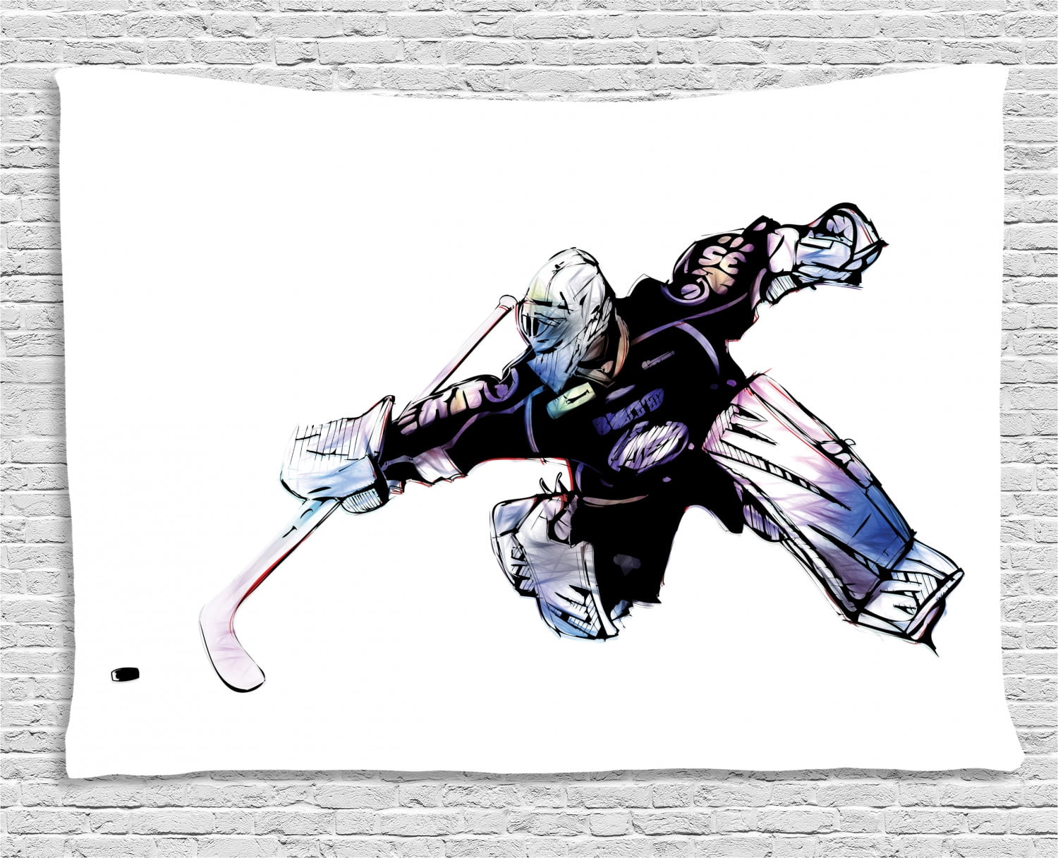Hockey Tapestry, Goalkeeper in Hand Drawn Style with Protective Gear in
