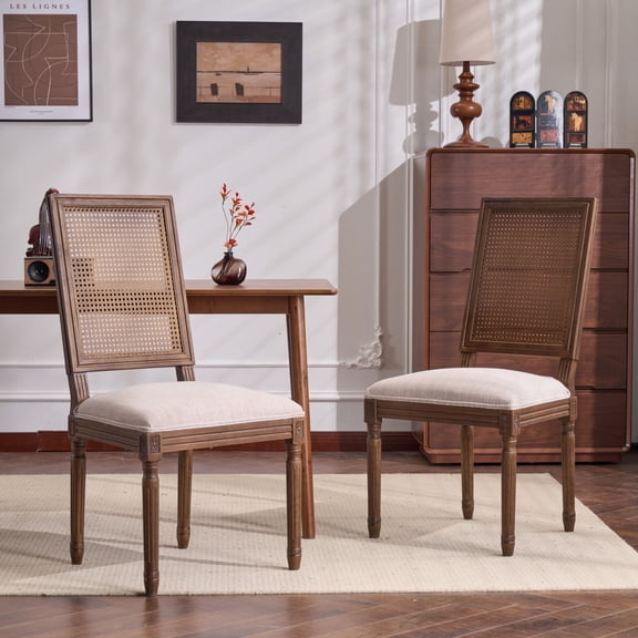 Christopher Knight Home French Country Dining Chairs with Cane Back and Upholstered Seat, Beige Walnut, Set of 2