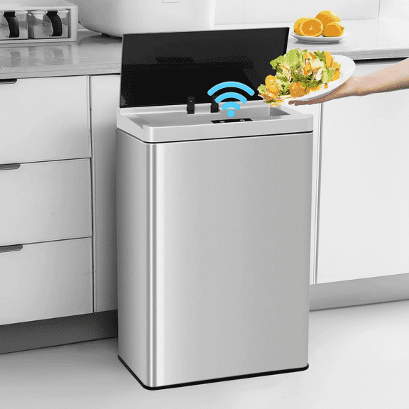 BORGEBY 13 Gallon Automatic Trash Can, Stainless Steel Kitchen Garbage Can with Lid for Home Office Bathroom Bedroom Kitchen