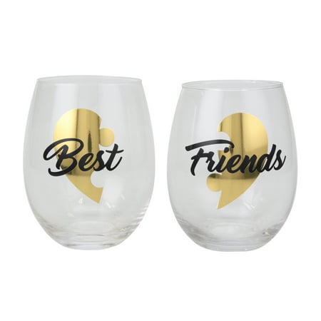 Topshelf Decorative Black and Gold Best Friends Stemless Wine Glass Set - Set of