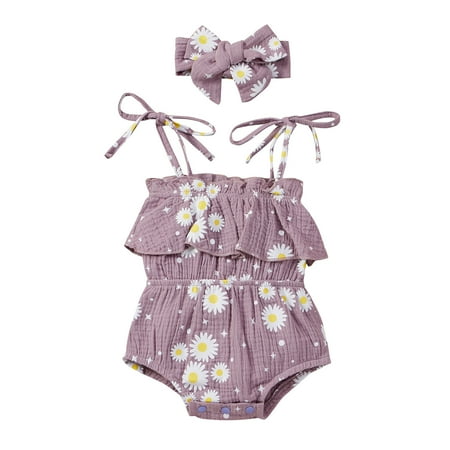 

B91xZ Girl Outfits Romper Baby Girls Suspender Printed Bodysuit+Headbands Floral Ruffles Girls Romper&Jumpsuit (Sizes 9-12 Months)