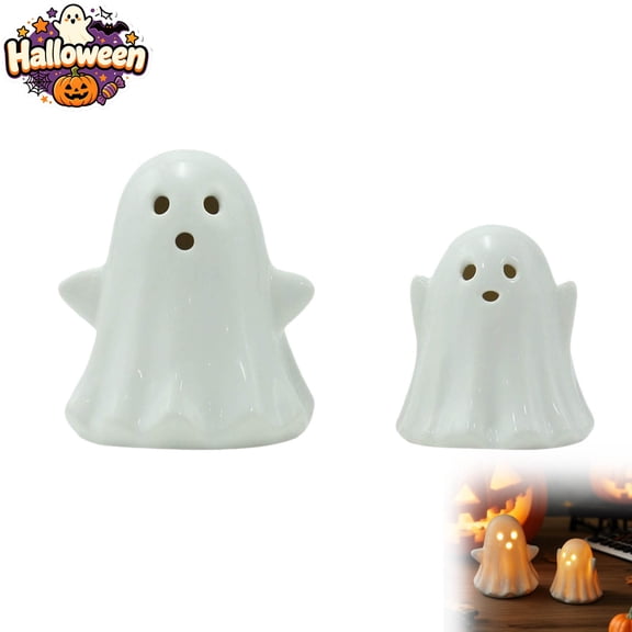 Light Up Ceramic Ghost Figurines Set of 2,Mini White Ghost LED Tabletop Lights, Indoor Outdoor Halloween Decorations for Desk Shelf Windowsill, Cute Spooky Halloween Party Decor Holiday Ornament Gift