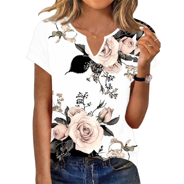 Camiseta de Manga Corta de Verano para las Mujeres con Cuello en V de Color Sólido, Camiseta Casual de Impresión sin Posicionamiento para el Uso Diario de Primavera