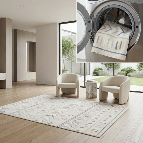 SAFAVIEH Blair Dolkar Aztec Machine Washable Area Rug, 5'3" x 7'6", Beige/Multi