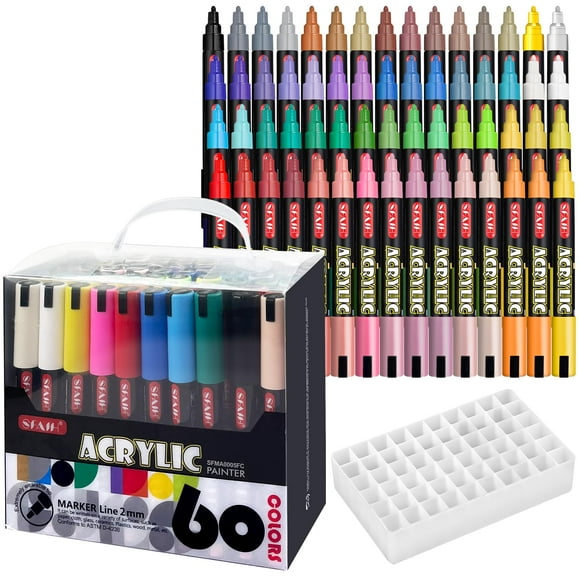 SFAIH Acrylic Creative Markers Set of 60 With 14 Metallics, Organizer, 3mm Medium Tips - Holiday Paint Markers, Gift for Kids and Adults - Art Supplies