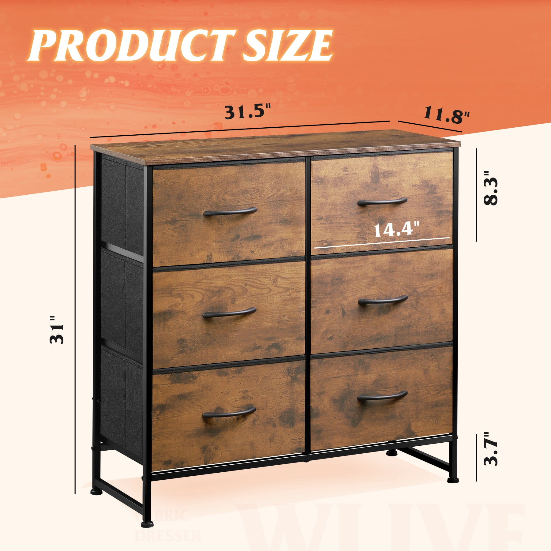 GALAXHERO 6 Drawer Dresser, Fabric Double Dresser, Storage Tower with Fabric Bins, Chest of Drawers for Bedroom, Closet, Living Room, Hallway, Rustic Brown Wood Grain Print