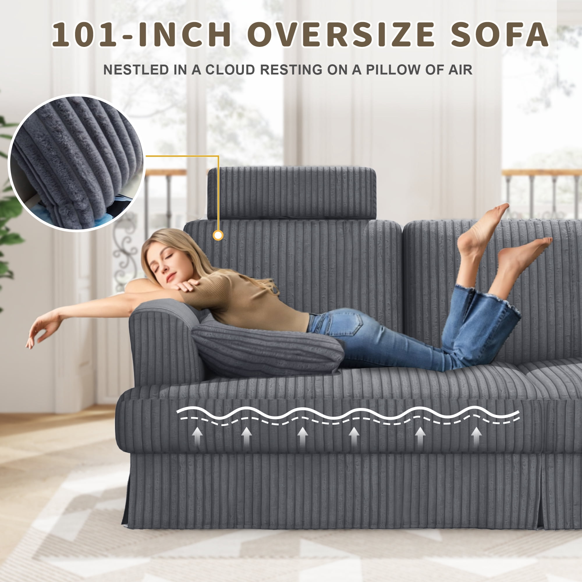87.5" Corduroy Sofa Couch for Living Room, AAQZ 3 Seater Sofa in a Box, Headrest, 2 Pillows,Gray