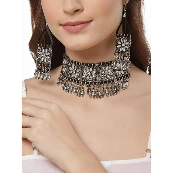 ashion Latest Stylish Design Fancy Oxidised Silver Afghani  Earrings Necklace Jewellery Set for Women
