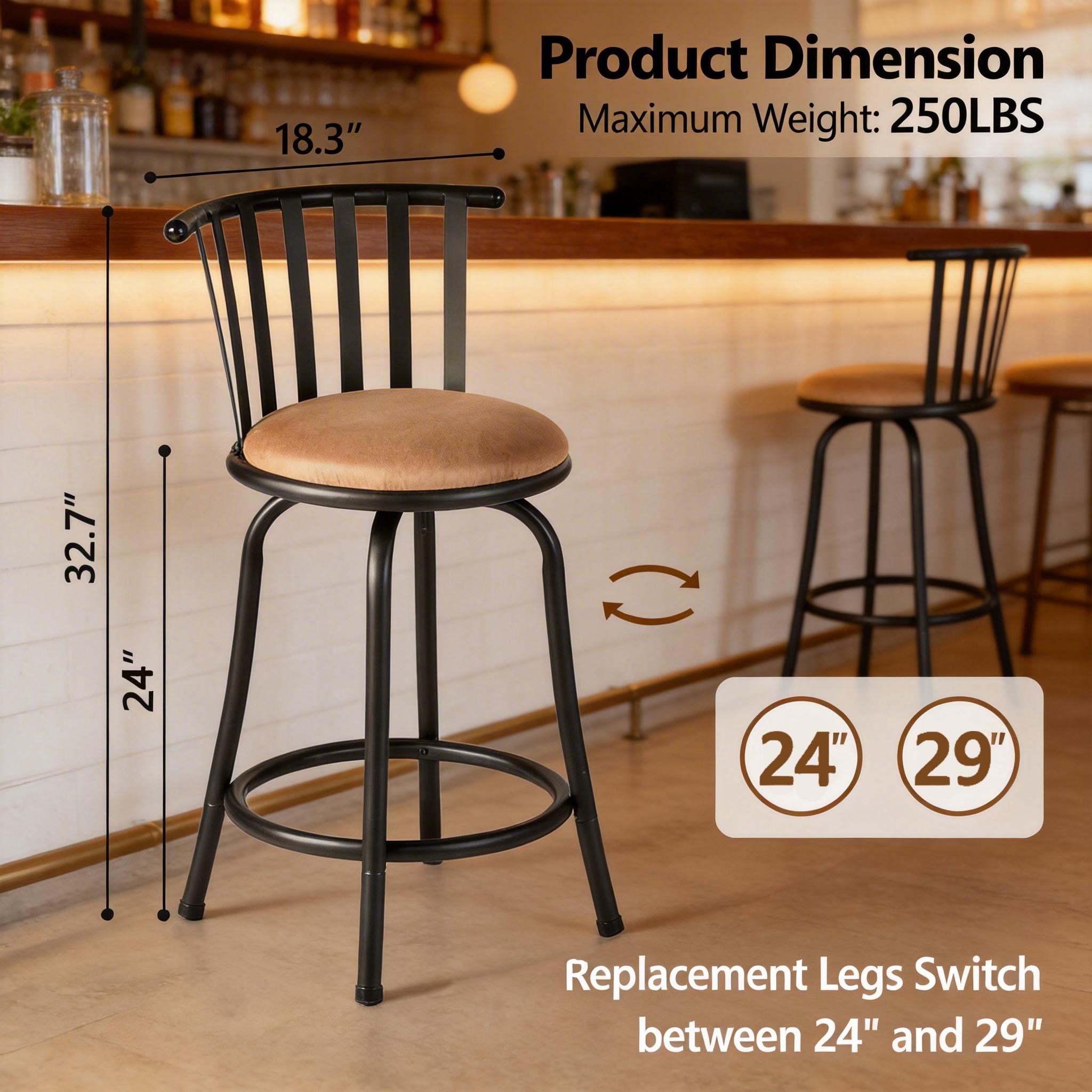 Homy Casa Comfortable Swivel Bar Stools Set of 3, Adjustable 24"-29" Counter Height Chairs with Backrest for Kitchen Island and Home Bar, Brown