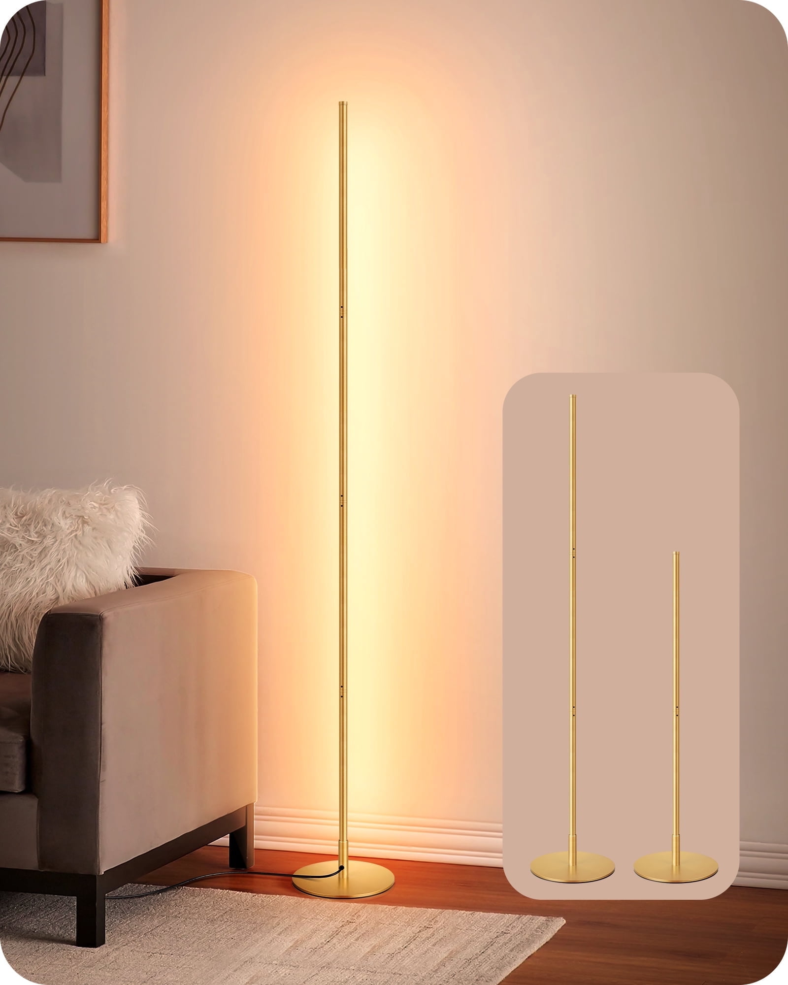 EDISHINE Modern Slim Dimmable LED Corner Floor Lamp, Adjustable Height, 57.5" Minimalist Tall Lamp for Living Room, Bedroom, Office, 3000K, Gold