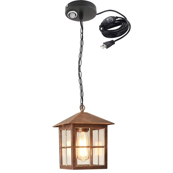 Kiven Outdoor Pendant Light Motion Sensor with 15FT Plug-in Cord, IP65 Waterproof Ceiling Hanging Porch Light, Farmhouse Outdoor Glass Hanging Lantern Light for Porch Entryway Garden Patio(No.3147)