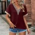 thumbnail image 3 of OSOLU Women Fashion Casual Summer V-Neck Solid Color Gold Lace Stitching Short Sleeve Loose T-Shirt Tshirts Tee Tops Breathable Dailywear, 3 of 4