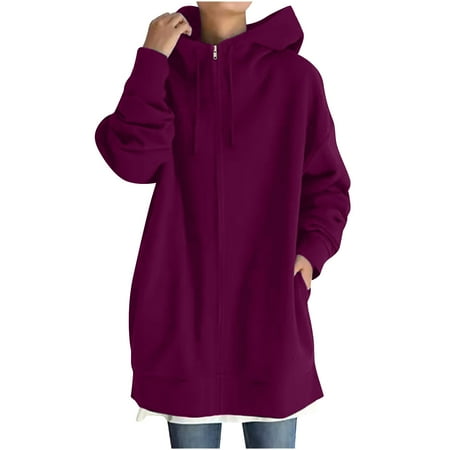 

Women s Zip ip Hoodie Fall Sweatshirts Casual Solid Color Long Sleeve Long Overcoat Tops Outwear Dressy With Pockets