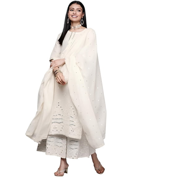 Libas Womens Embroidered Cotton Straight Kurta With Palazzos and Dupatta - Indian Ethnic Traditional Wear Kurta Set