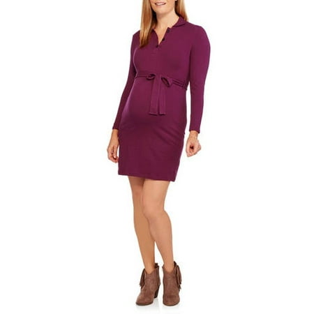 Maternity Long Sleeve 3 button placket collared dress with tie belt