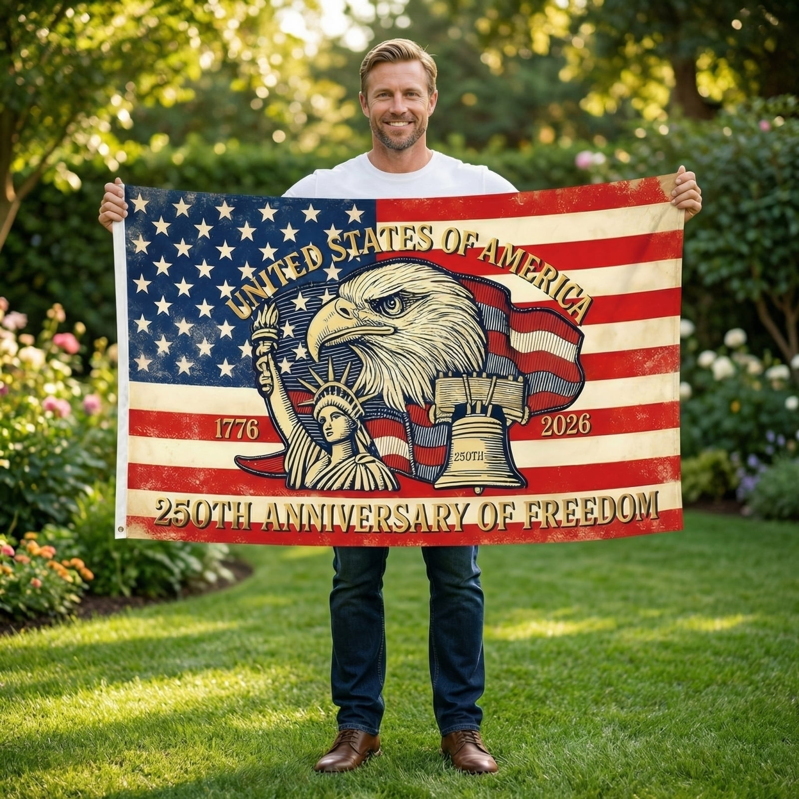 250th Anniversary USA Flag 3x5 Ft, 1776-2026 United States Patriotic Flags Banner with Eagle and Liberty Bell, Durable Outdoor Decoration for Independence Day, Memorial Day, Fourth of July Party