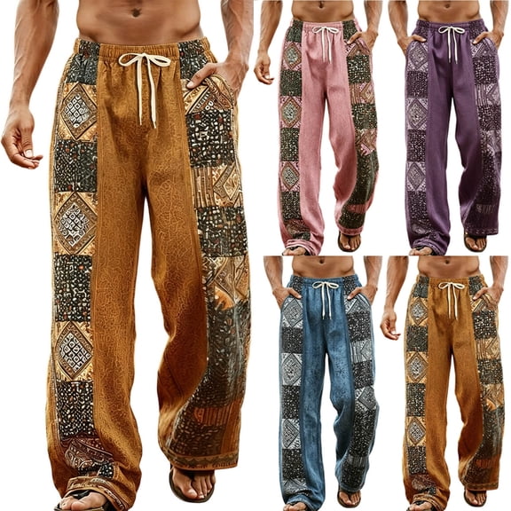 SGFCWSX Mens Harem Pants Print Patchwork Elastic Waist Drawstring Pockets Loose Boho Hippie Beach Casual Pants Orange Size 2XL