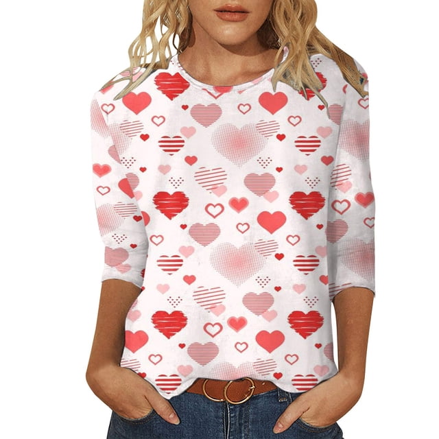 SZXZYGS T-Shirts Graphiques pour Femmes Crop Top Nœud T-Shirt Manches Trois-Quarts Imprimé Saint-Valentin Col Rond Été 2024