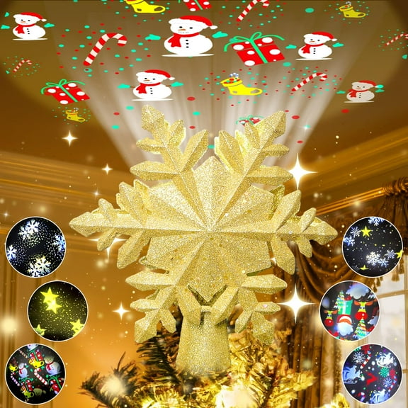 Lighted Rotating Snowflake Christmas Tree Topper with 6 Projected Patterns, 3D Hollow Glitter, Gold (Xmas Decor)
