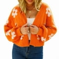 thumbnail image 2 of Women'S Cute Daisy Cropped Knitted Cardigand Open Front Long Sleeve Loose Sweater Outwear Orange White XL, 2 of 8
