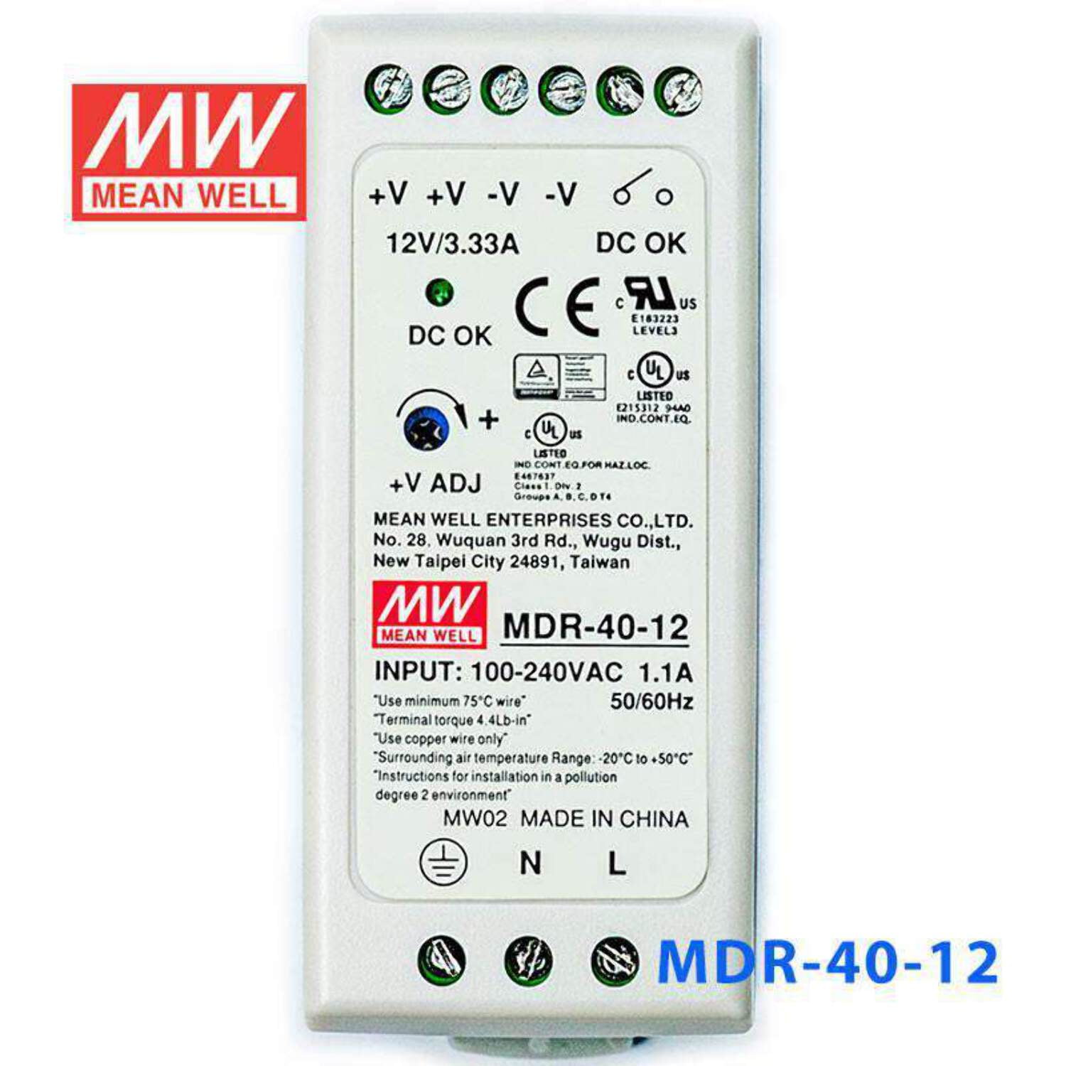 Mean Well MDR-40-12 Single Output Industrial Power Supply 40W 12V - DIN Rail
