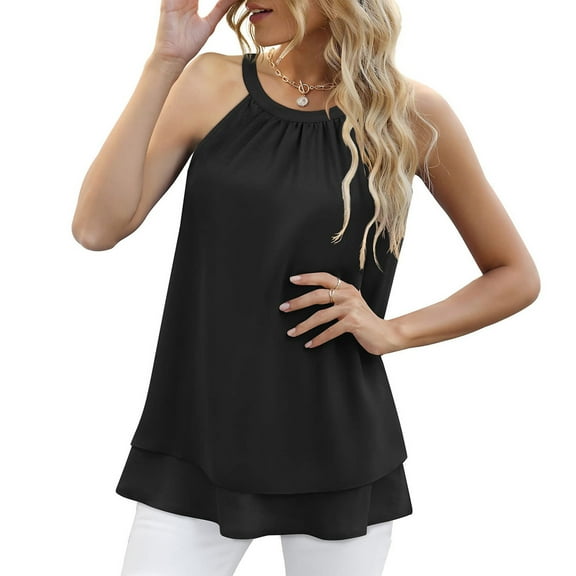 USSUMA Womens Tank Tops Summer Tops for Women 2025 Women's Summer Casual Sleeveless Blouse Round Neck Chiffon Tops T-Shirt Vest for Women Holiday Deals Womens Tops Solidcolor