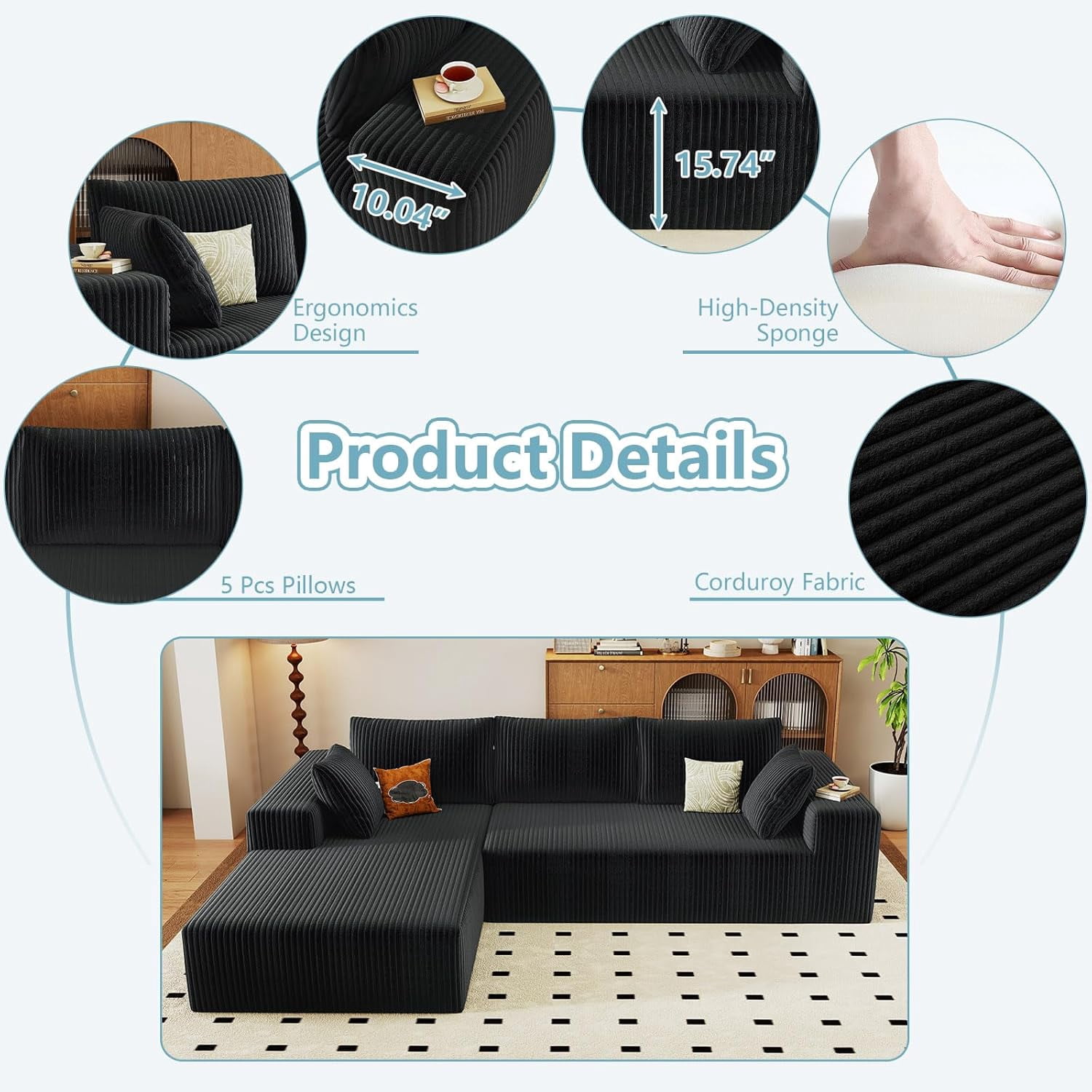 ODUWA 96" L-Shaped Sectional Sofa with Chaise, Corduroy Upholstery, No Assembly, Black