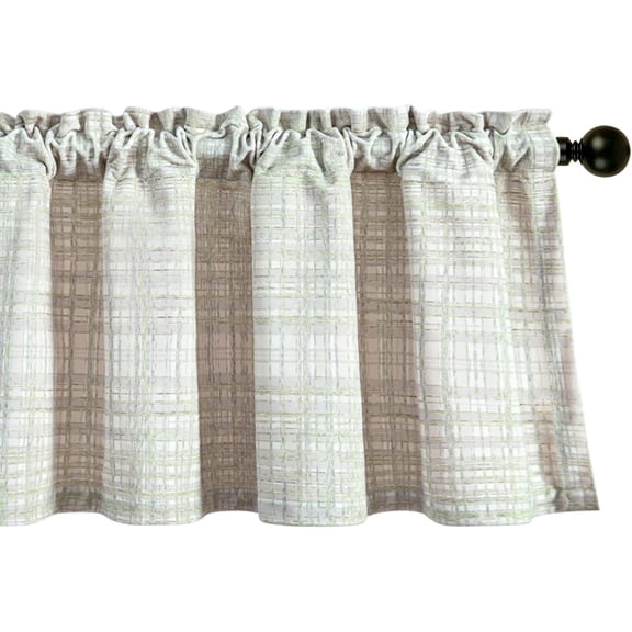 Beige Plaid Stripe Drape Valance, 1 Panel Rod Pocket Top Valance for Kitchen, Modern Stylish Print Pattern Blackout Small Windows Valances for Cafe 18 Inches Long