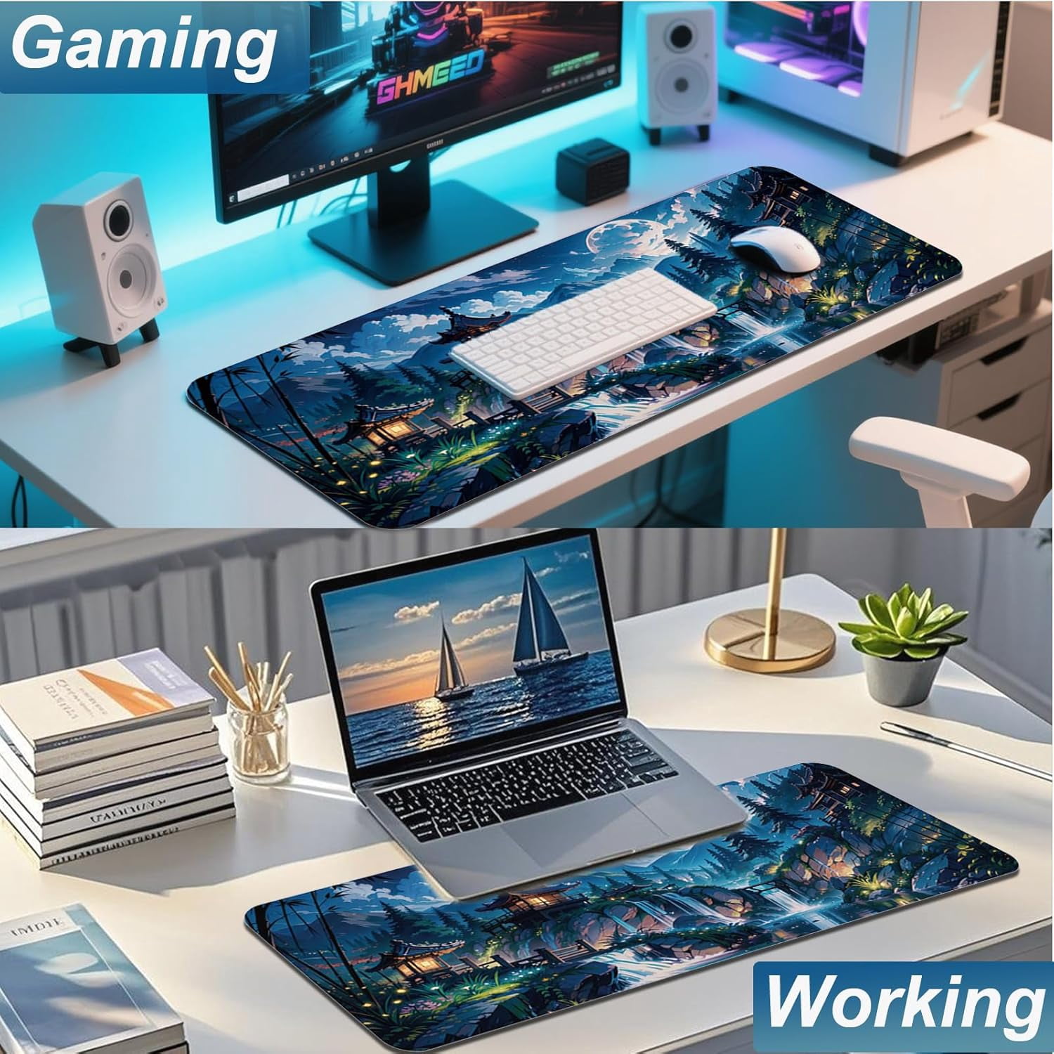 Gaming Mouse Pad 31.5x11.8 inch XL Large Extended Mouse Pad, Big Mousepad Desk Mat for Computer with Non-Slip Rubber Base and Stitched Edge-Blue Moon