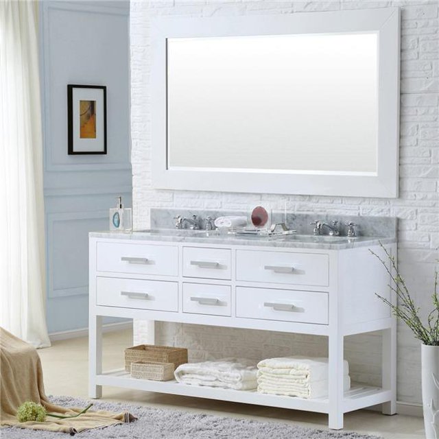 Water Creation MADALYN60W 60 in. Madalyn Collection Pure White Double Rectangular Sink Bathroom Vanity, Chrome